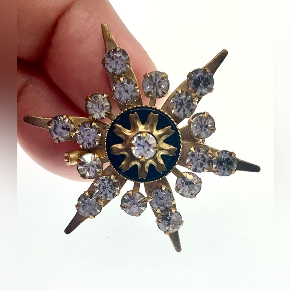 Vintage Starburst Gold Tone Brooch Pin Enamel Prong Set Faceted Crystals MCM - Picture 5 of 6